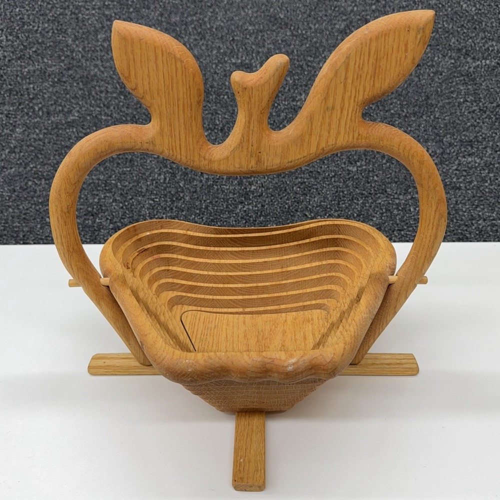 Collapsible Wooden Apple Fruit Bowl Basket Stand Handle Rustic Farmhouse Decor